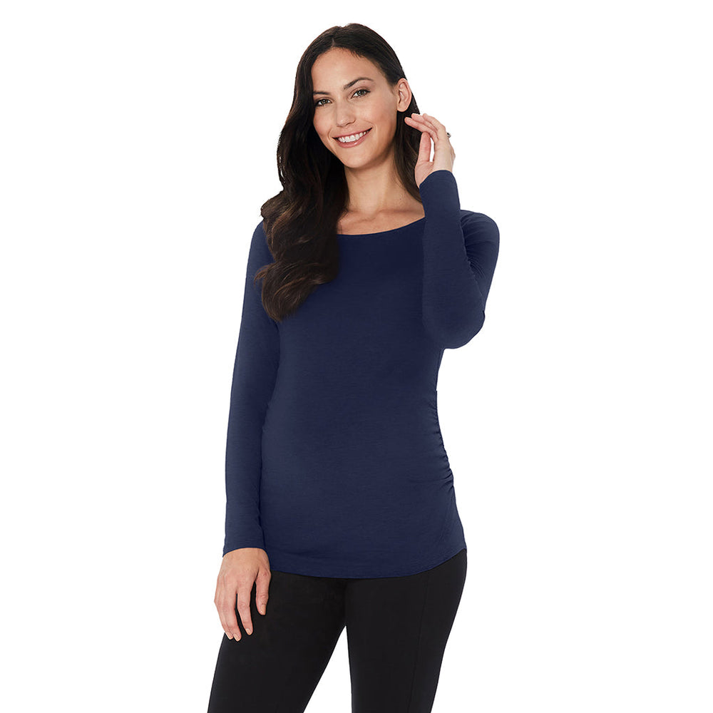A lady wearing Softwear with Stretch Maternity Ballet Neck Top with navy blazer print