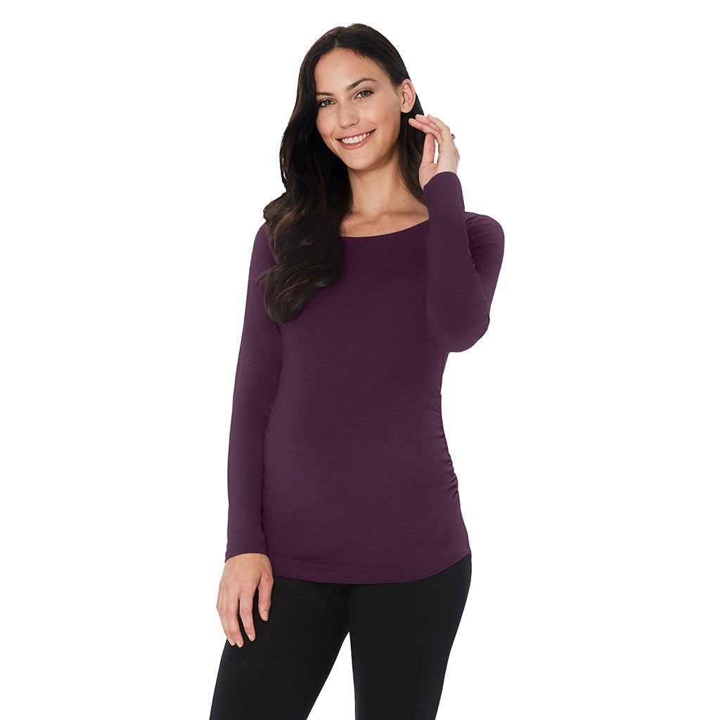  A lady wearing Softwear with Stretch Maternity Ballet Neck Top with Boysenberry print