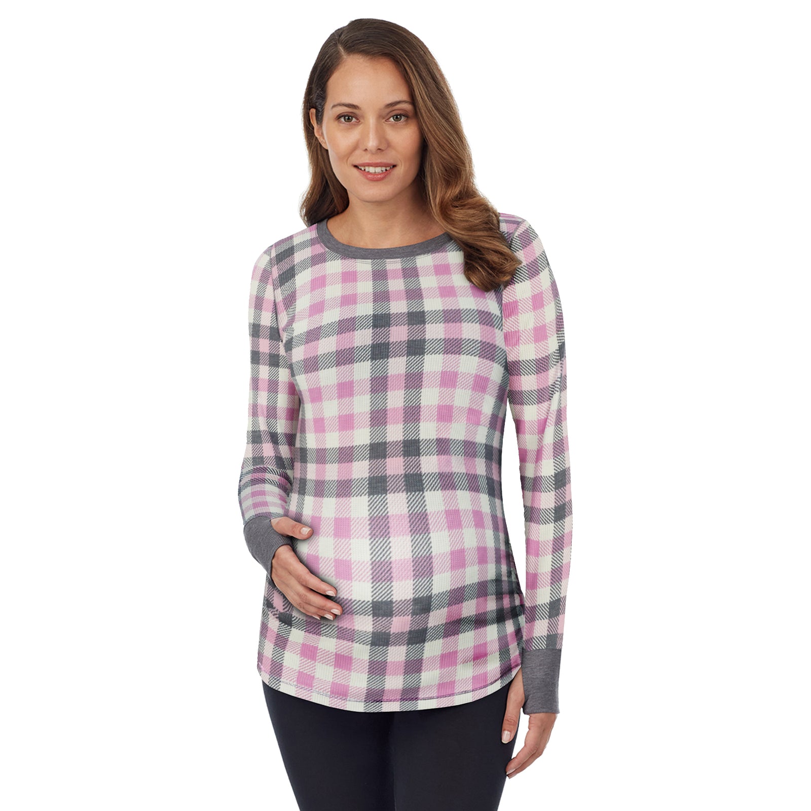 Seagrass Fairisle; Model is wearing size S. She is 5’9”, Bust 34”, Waist 24.5”, Hips 36.5”. @A lady wearing a seagrass fairisle long sleeve maternity ballet neck top. #Model is wearing a maternity bump.