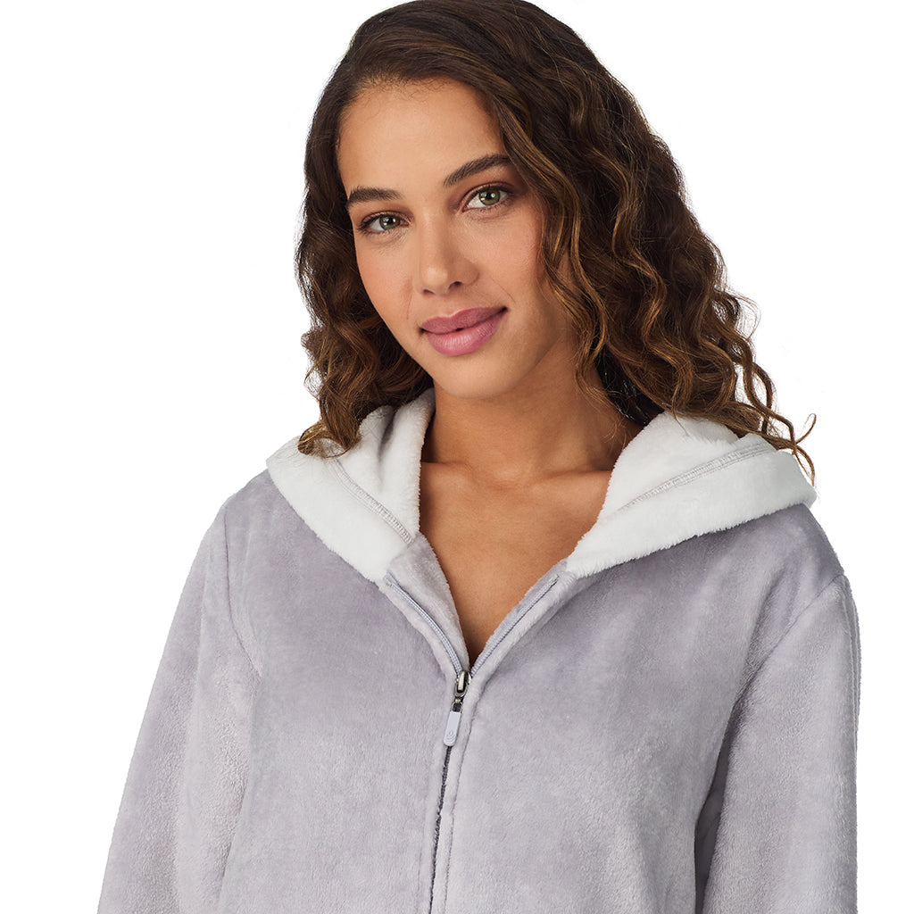 A lady wearing Silver Grey Chenille Zip Robe with Hood