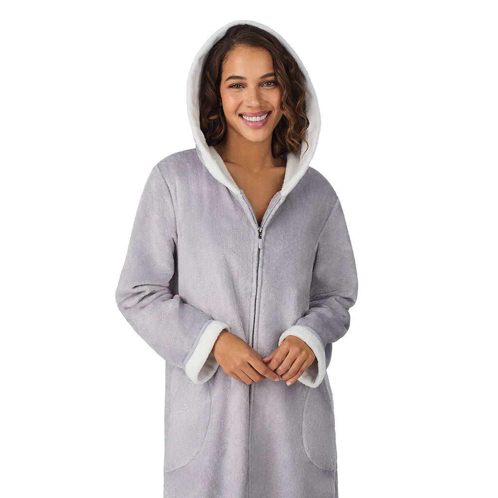 A lady wearing Silver Grey Chenille Zip Robe with Hood