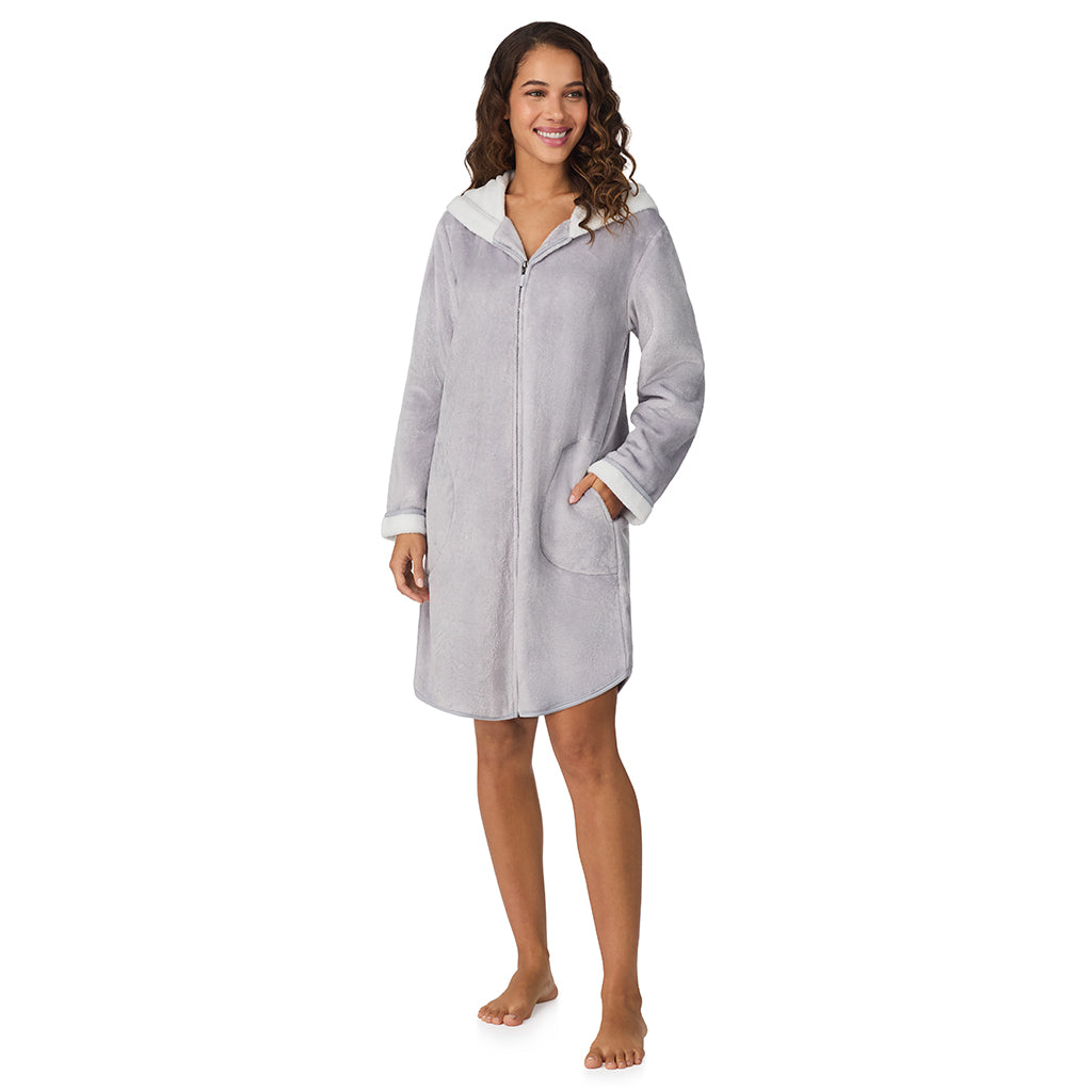 A lady wearing Silver Grey Chenille Zip Robe with Hood