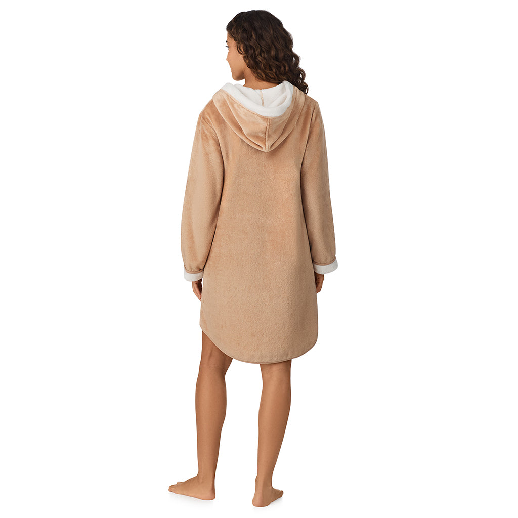 A lady wearing Caramel Chenille Zip Robe with Hood