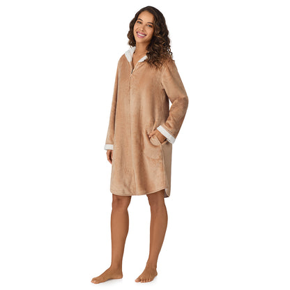 Caramel;Model is wearing size S. She is 5’9”, Bust 34”, Waist 23”, Hips 35”.@A lady wearing Caramel Chenille Zip Robe with Hood