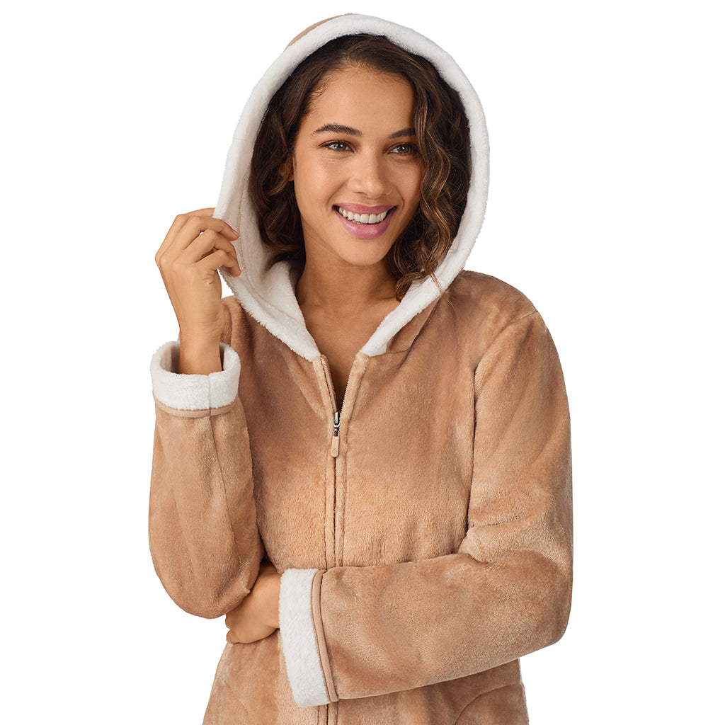 A lady wearing Caramel Chenille Zip Robe with Hood