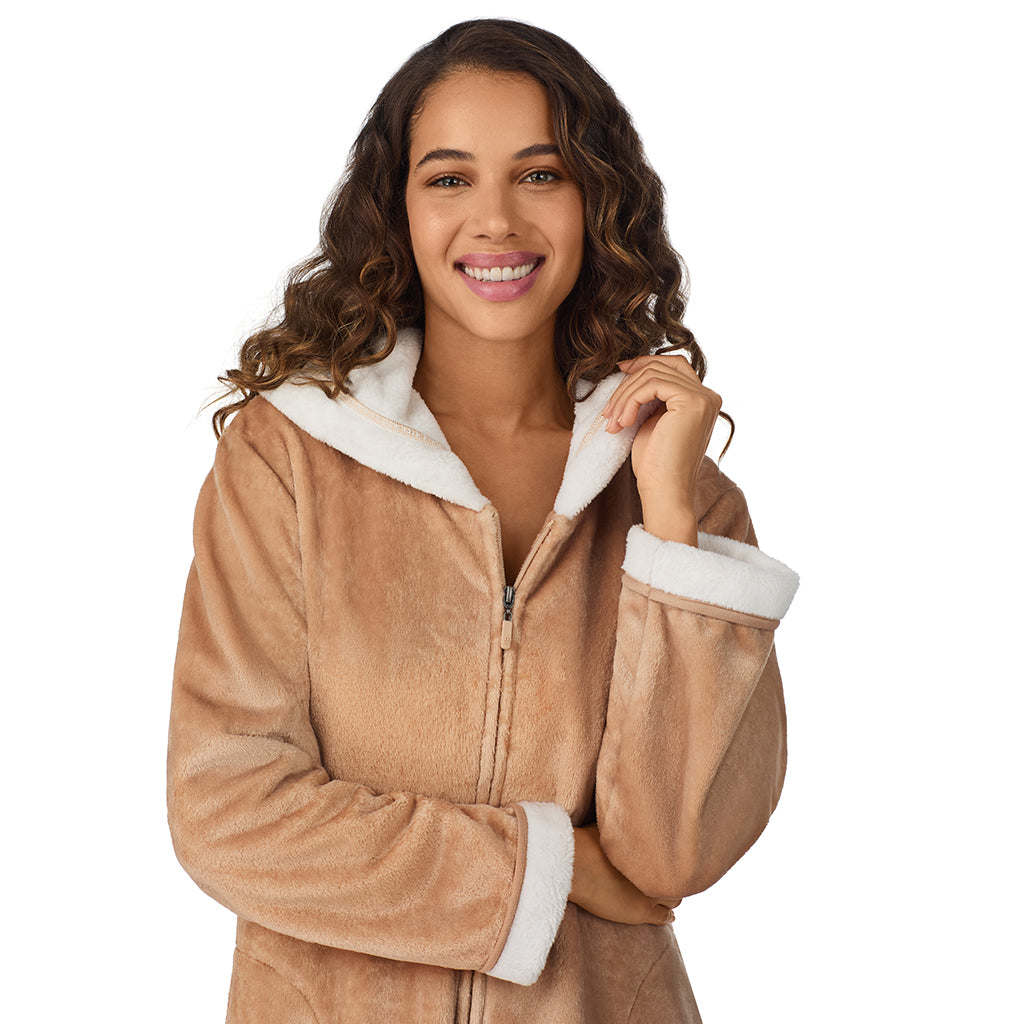 A lady wearing Caramel Chenille Zip Robe with Hood