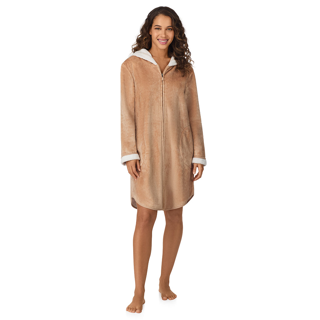 Caramel;Model is wearing size S. She is 5’9”, Bust 34”, Waist 23”, Hips 35”.@A lady wearing Caramel Chenille Zip Robe with Hood