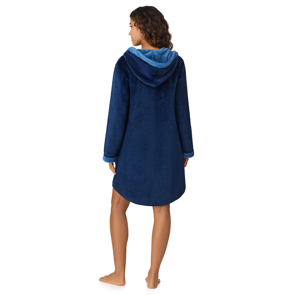 A lady wearing Navy Charm Chenille Zip Robe with Hood