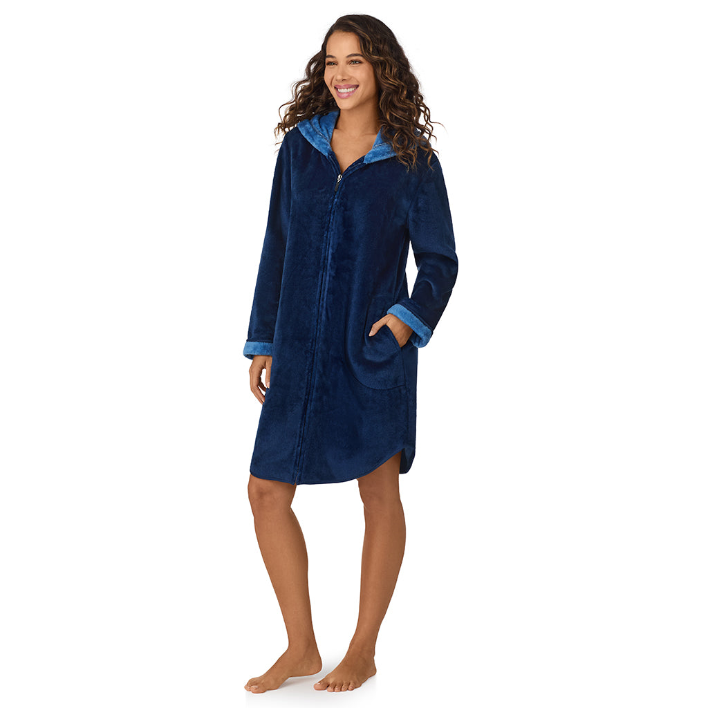 Navy Charm;Model is wearing size S. She is 5’9”, Bust 34”, Waist 23”, Hips 35”.@A lady wearing Navy Charm Chenille Zip Robe with Hood