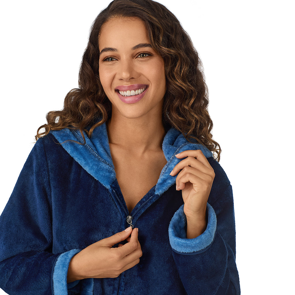 A lady wearing Navy Charm Chenille Zip Robe with Hood