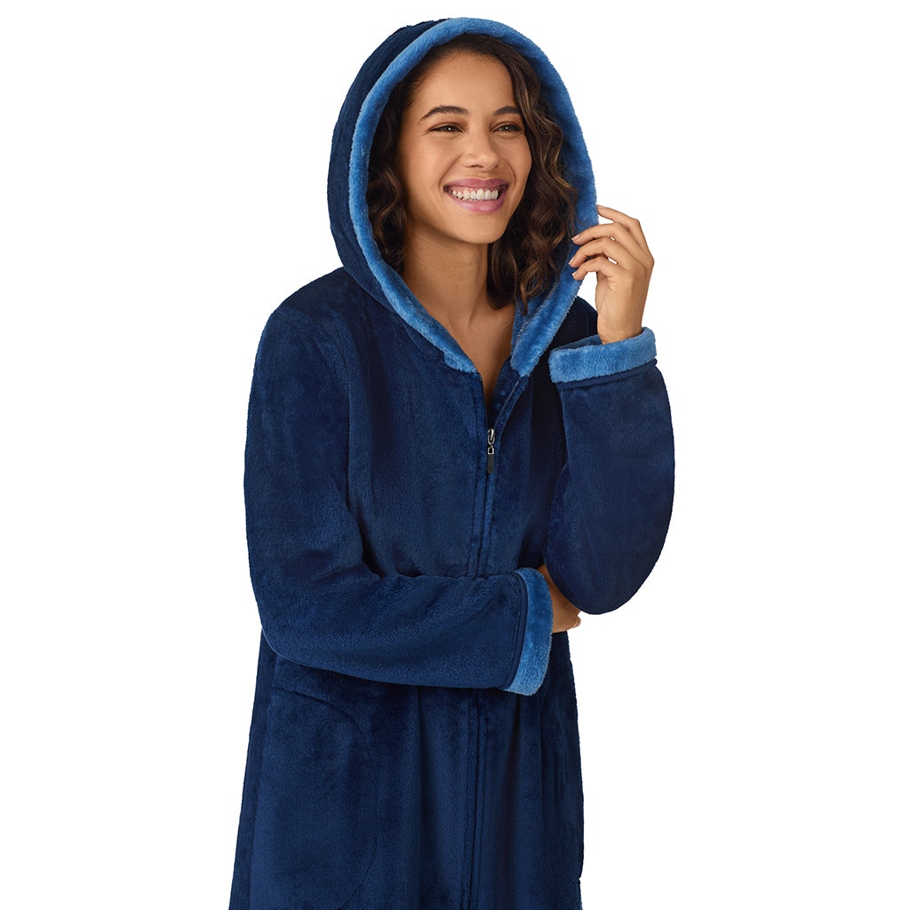 A lady wearing Navy Charm Chenille Zip Robe with Hood