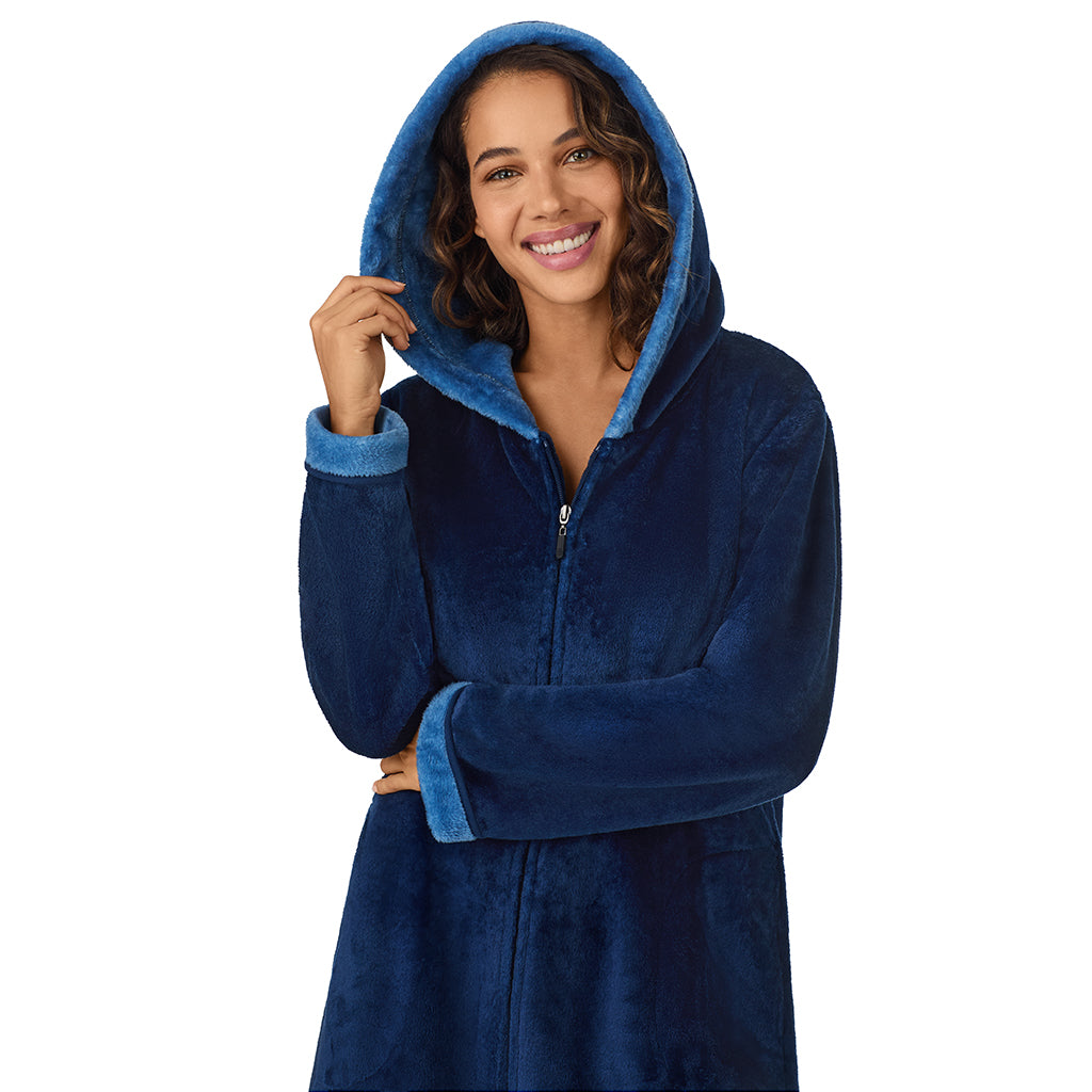 Navy Charm;Model is wearing size S. She is 5’9”, Bust 34”, Waist 23”, Hips 35”.@A lady wearing Navy Charm Chenille Zip Robe with Hood