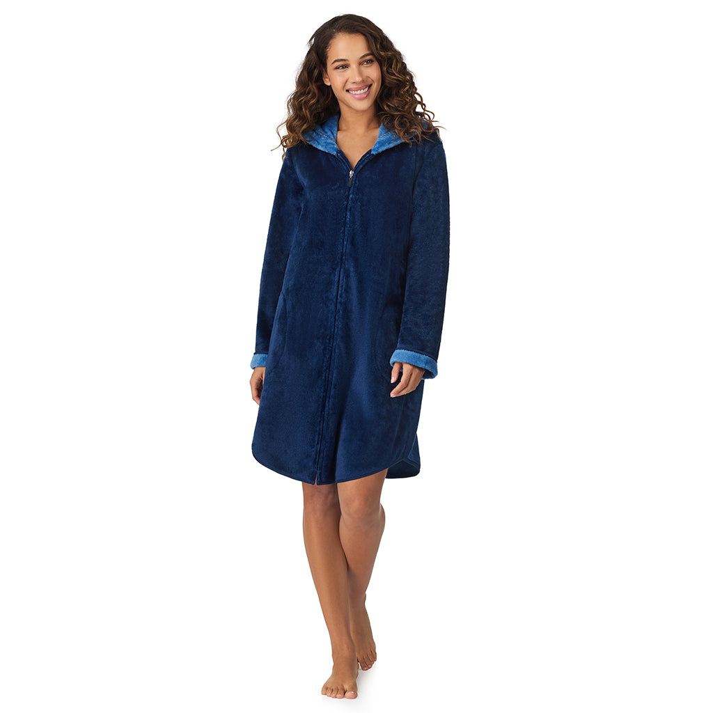 Navy Charm;Model is wearing size S. She is 5’9”, Bust 34”, Waist 23”, Hips 35”.@A lady wearing Navy Charm Chenille Zip Robe with Hood