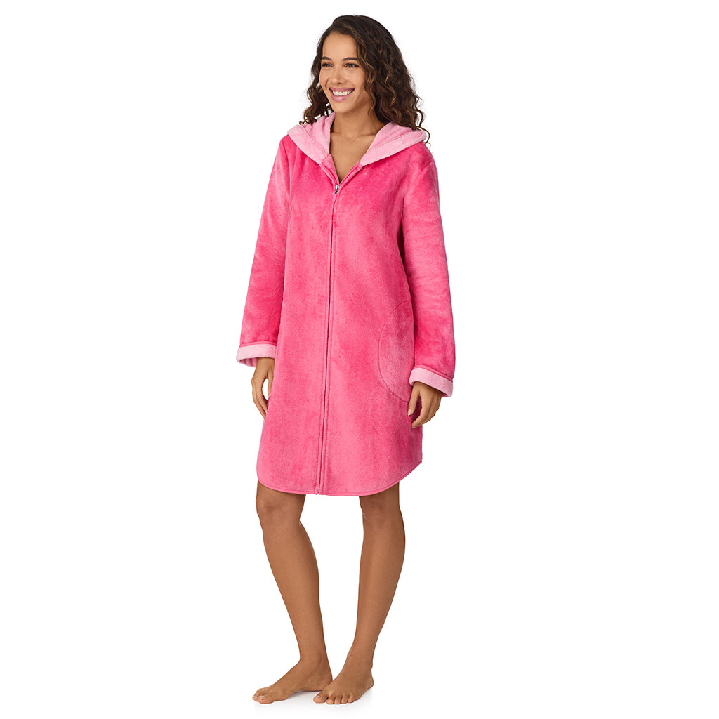 A lady wearing Wild Pink Chenille Zip Robe with Hood