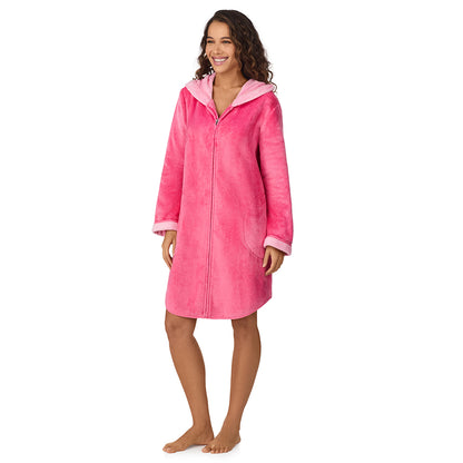 Wild Pink;Model is wearing size S. She is 5’9”, Bust 34”, Waist 23”, Hips 35”.@A lady wearing Wild Pink Chenille Zip Robe with Hood