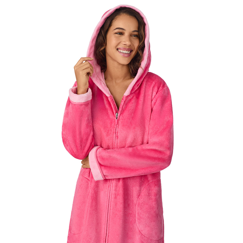 Wild Pink;Model is wearing size S. She is 5’9”, Bust 34”, Waist 23”, Hips 35”.@A lady wearing Wild Pink Chenille Zip Robe with Hood