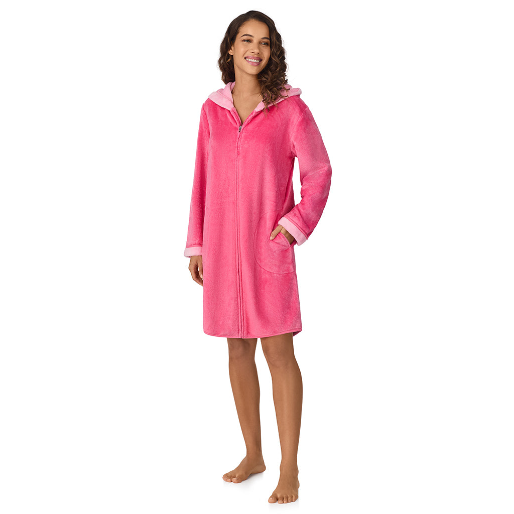 A lady wearing Wild Pink Chenille Zip Robe with Hood