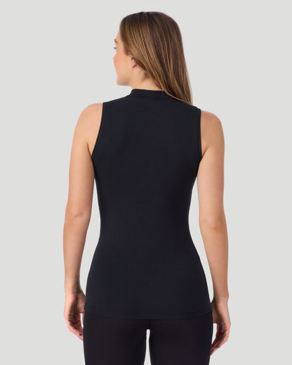 A lady wearing Softwear With Stretch Mock Neck Tank in black shown in a back view pose