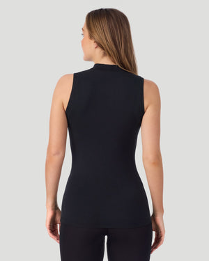 A lady wearing Softwear With Stretch Mock Neck Tank in black shown in a back view pose