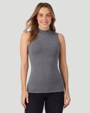 A lady wearing Softwear With Stretch Mock Neck Tank in charcoal heather shown in a front view pose