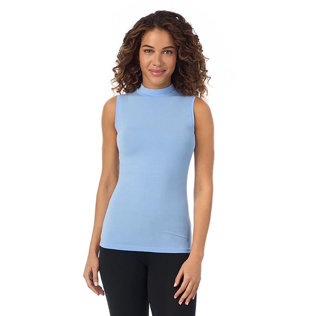 Vista Blue; Model is wearing size S. She is 5’9”, Bust 34”, Waist 23”, Hips 35”. @A lady wearing a vista blue sleeveless mock neck tank.