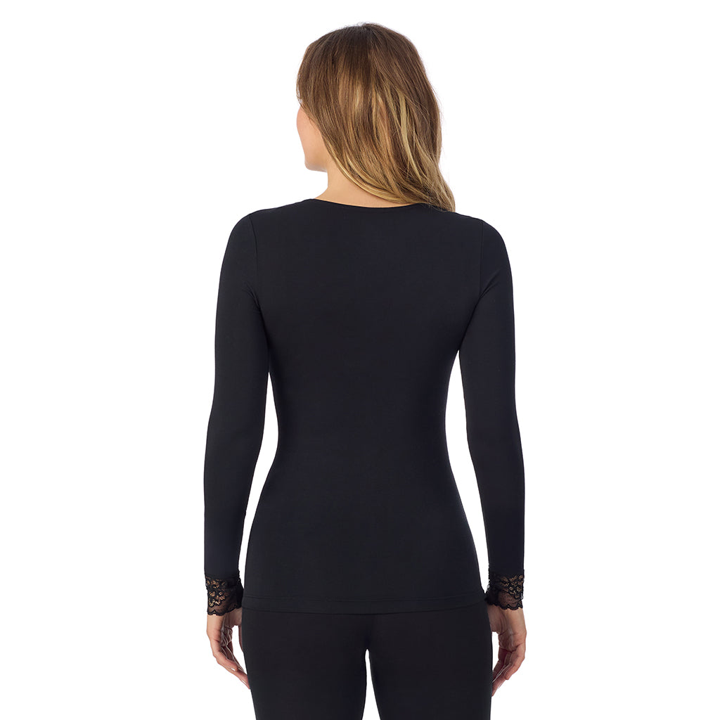 A lady is wearing Softwear With Stretch Long Sleeve V-Neck With Lace
