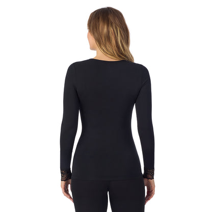 Black;Model is wearing size S. She is 5'11.5", Bust 34", Waist 26", Hips 37".@A lady is wearing Softwear With Stretch Long Sleeve V-Neck With Lace
