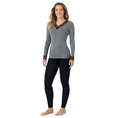 Charcoal Heather;Model is wearing size S. She is 5'11.5", Bust 34", Waist 26", Hips 37".@A lady is wearing Softwear With Stretch Long Sleeve V-Neck With Lace
