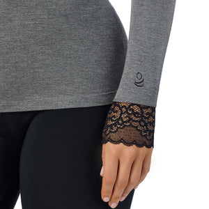 A lady is wearing Softwear With Stretch Long Sleeve V-Neck With Lace
