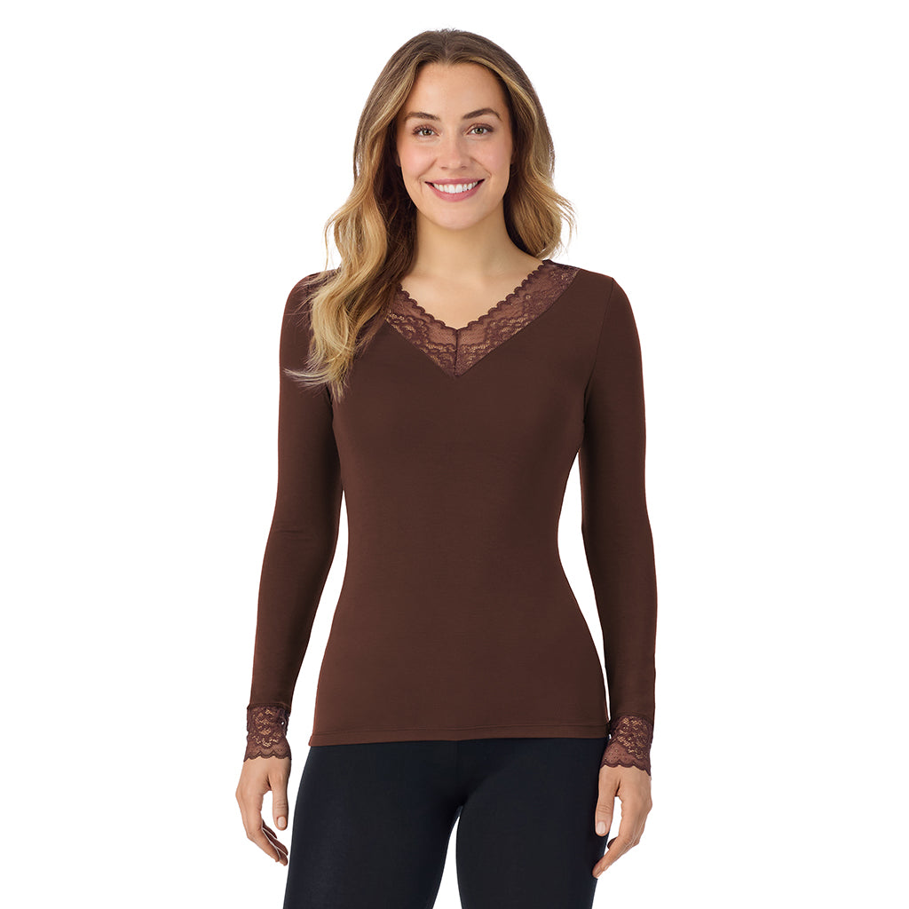 A lady is wearing Softwear With Stretch Long Sleeve V-Neck With Lace
