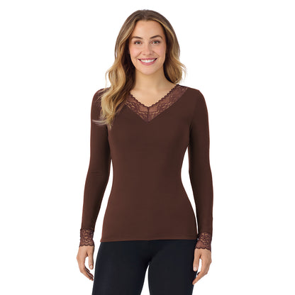 Deep Mahogany;Model is wearing size S. She is 5'11.5", Bust 34", Waist 26", Hips 37".@A lady is wearing Softwear With Stretch Long Sleeve V-Neck With Lace
