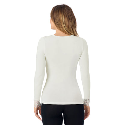 Ivory;Model is wearing size S. She is 5'11.5", Bust 34", Waist 26", Hips 37".@A lady is wearing Softwear With Stretch Long Sleeve V-Neck With Lace
