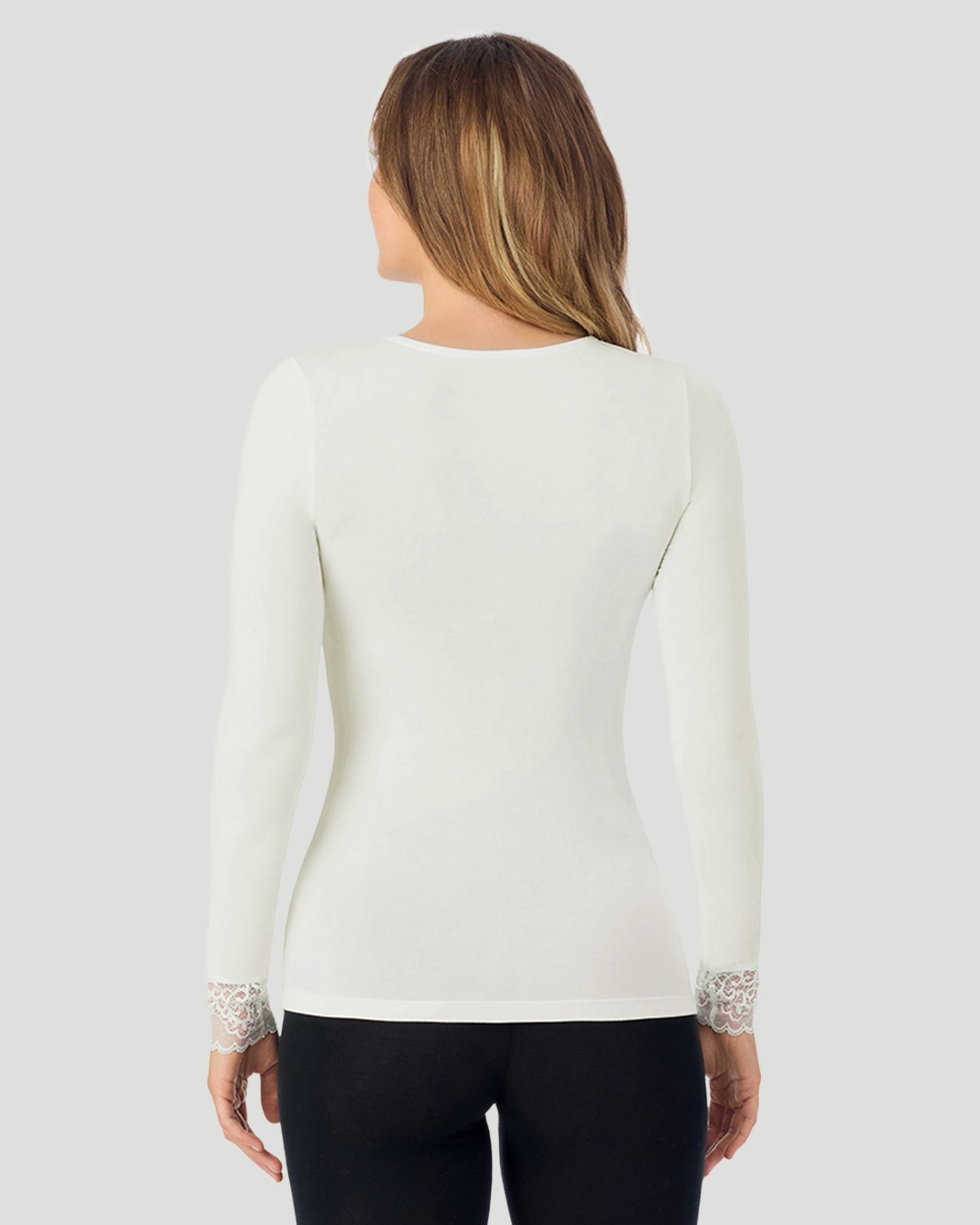 Ivory; Model is wearing size S. She is 5'11.5", Bust 34", Waist 26", Hips 37". @A lady wearing Softwear With Stretch Long Sleeve V-Neck With Lace in ivory shown in a back view pose