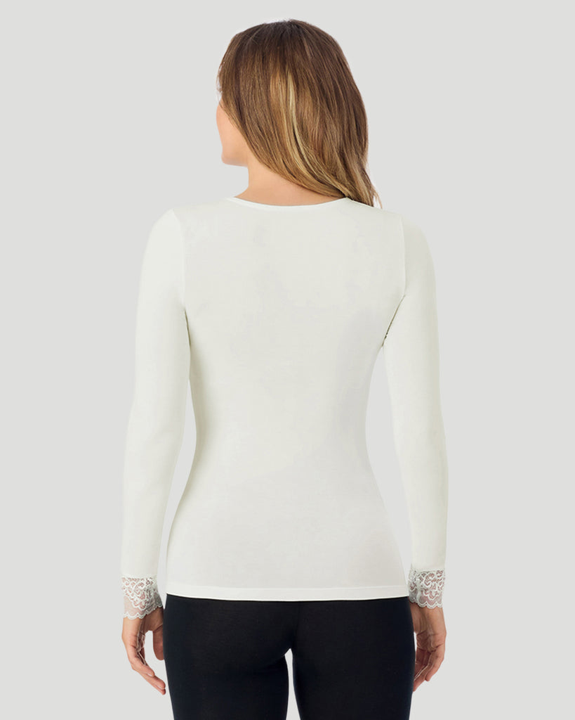A lady wearing Softwear With Stretch Long Sleeve V-Neck With Lace in ivory shown in a back view pose