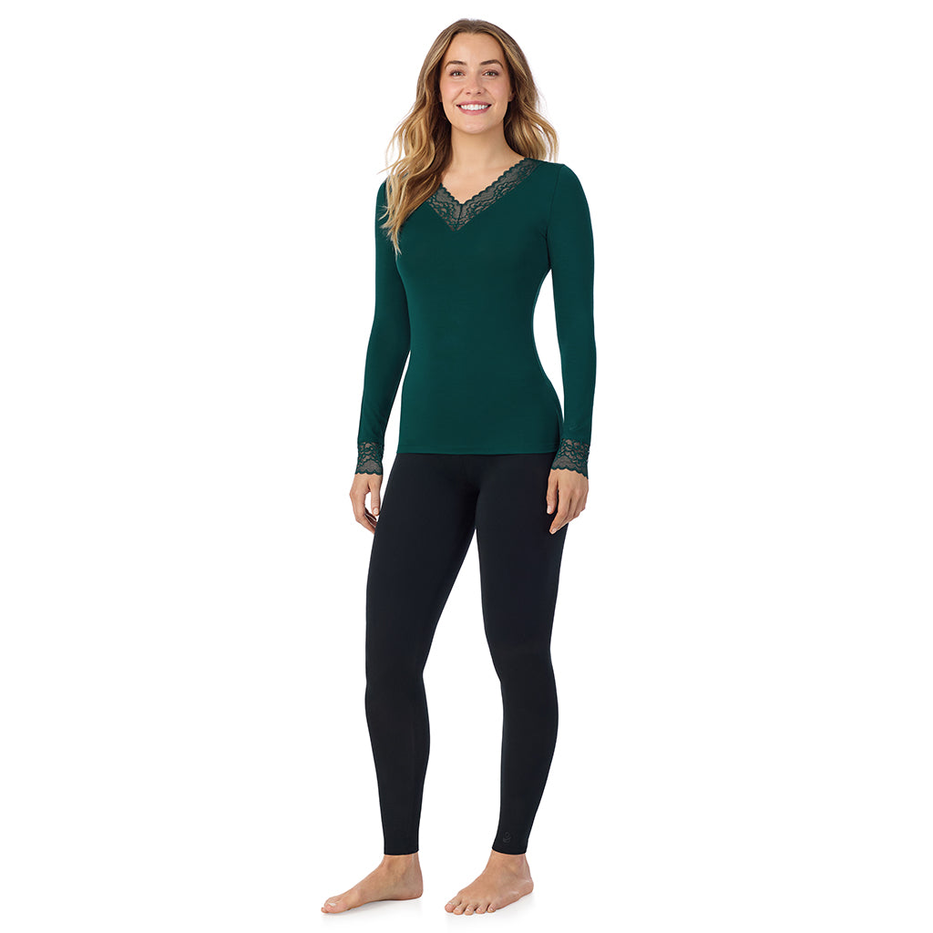 A lady is wearing Softwear With Stretch Long Sleeve V-Neck With Lace
