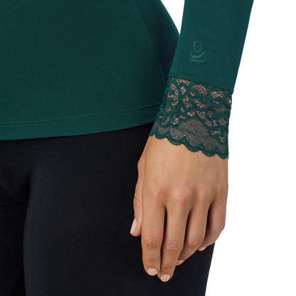 Dark Pine;Model is wearing size S. She is 5'11.5", Bust 34", Waist 26", Hips 37".@A lady is wearing Softwear With Stretch Long Sleeve V-Neck With Lace
