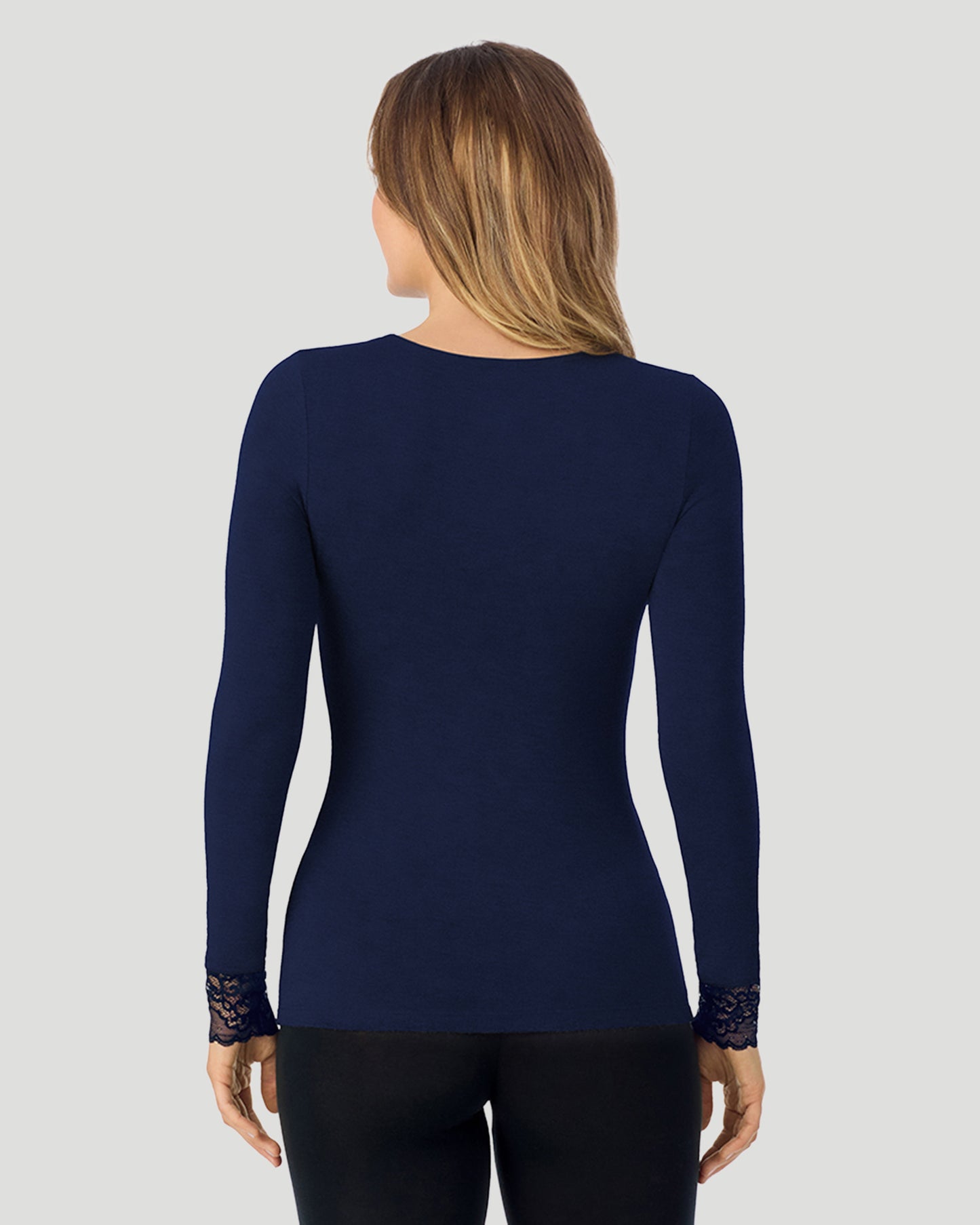 Navy Blazer; Model is wearing a size S. She is 5’11.5”, Bust 34”, Waist 27”, Hips 38.5”. @A lady wearing Softwear With Stretch Long Sleeve V-Neck With Lace in navy blazer shown in a back view pose