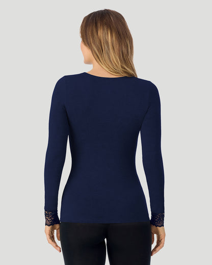 A lady wearing Softwear With Stretch Long Sleeve V-Neck With Lace in navy blazer shown in a back view pose