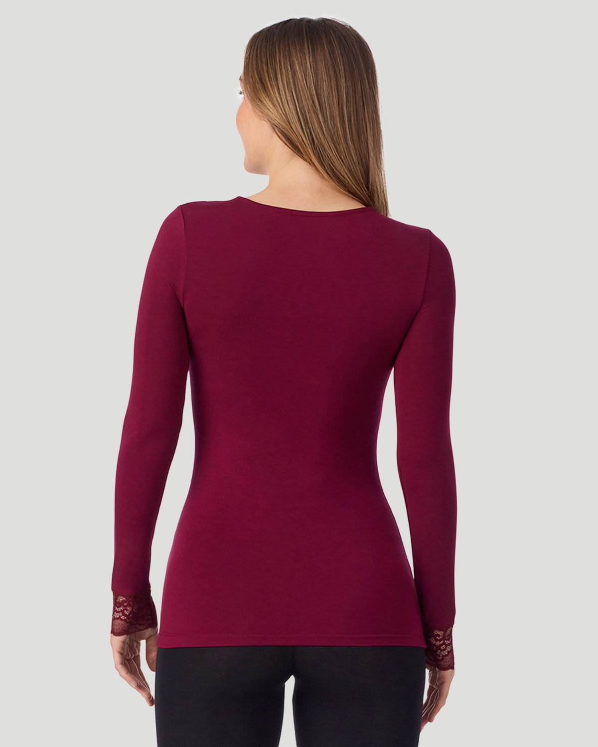 Scarlet; Model is wearing a size S. She is 5’11.5”, Bust 34”, Waist 27”, Hips 38.5”. @A lady wearing Softwear With Stretch Long Sleeve V-Neck With Lace in scarlet shown in a back view pose
