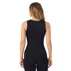 A lady wearing Softwear With Stretch Crew Neck Tank With Lace in Black side view side view