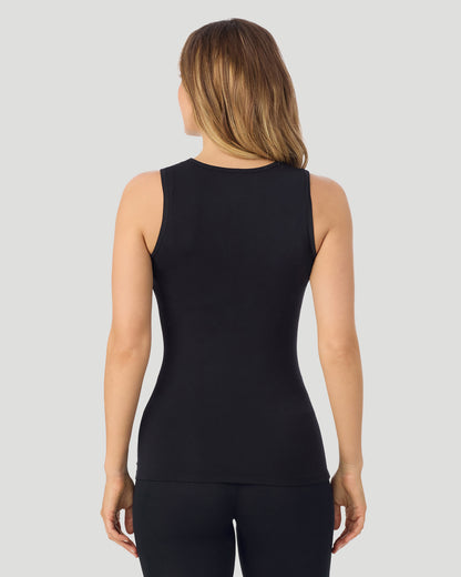 A lady wearing Softwear With Stretch Crew Neck Tank With Lace in black shown in a back view pose