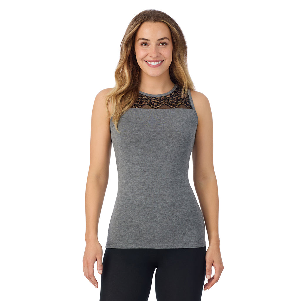 A lady is wearing Softwear with Stretch Crew Neck Tank with Lace
