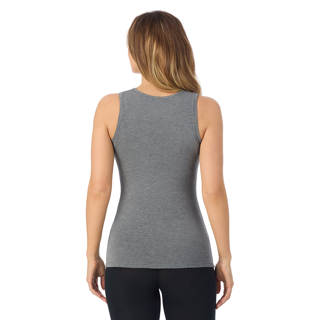 Charcoal Heather;Model is wearing size S. She is 5'11.5", Bust 34", Waist 26", Hips 37".@A lady is wearing Softwear with Stretch Crew Neck Tank with Lace
