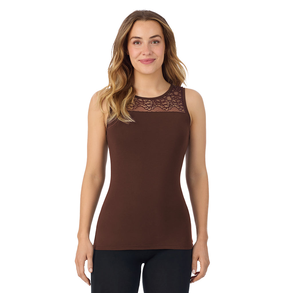 A lady is wearing Softwear with Stretch Crew Neck Tank with Lace
