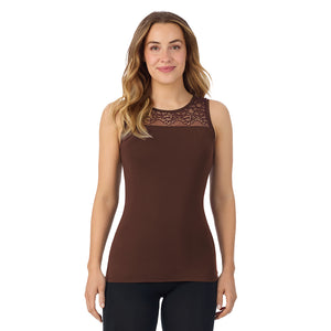 A lady is wearing Softwear with Stretch Crew Neck Tank with Lace
