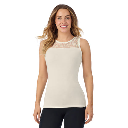 Ivory;Model is wearing size S. She is 5'11.5", Bust 34", Waist 26", Hips 37".@A lady is wearing Softwear with Stretch Crew Neck Tank with Lace
