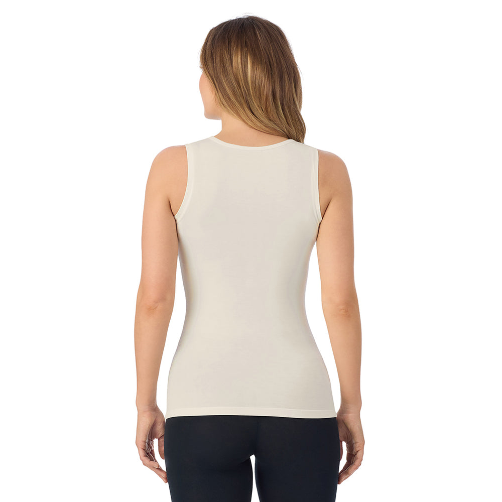 A lady wearing Softwear With Stretch Crew Neck Tank With Lace in Ivory side view side view