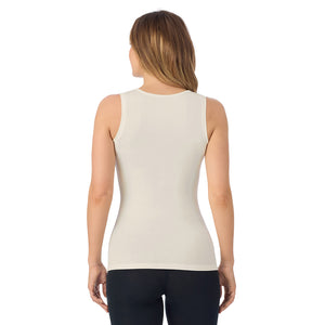 A lady wearing Softwear With Stretch Crew Neck Tank With Lace in Ivory side view side view