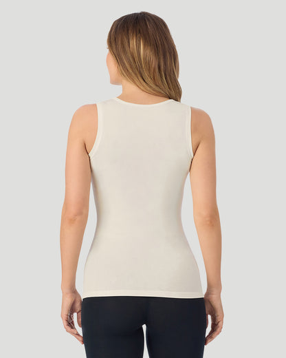 A lady wearing Softwear With Stretch Crew Neck Tank With Lace in ivory shown in a back view pose