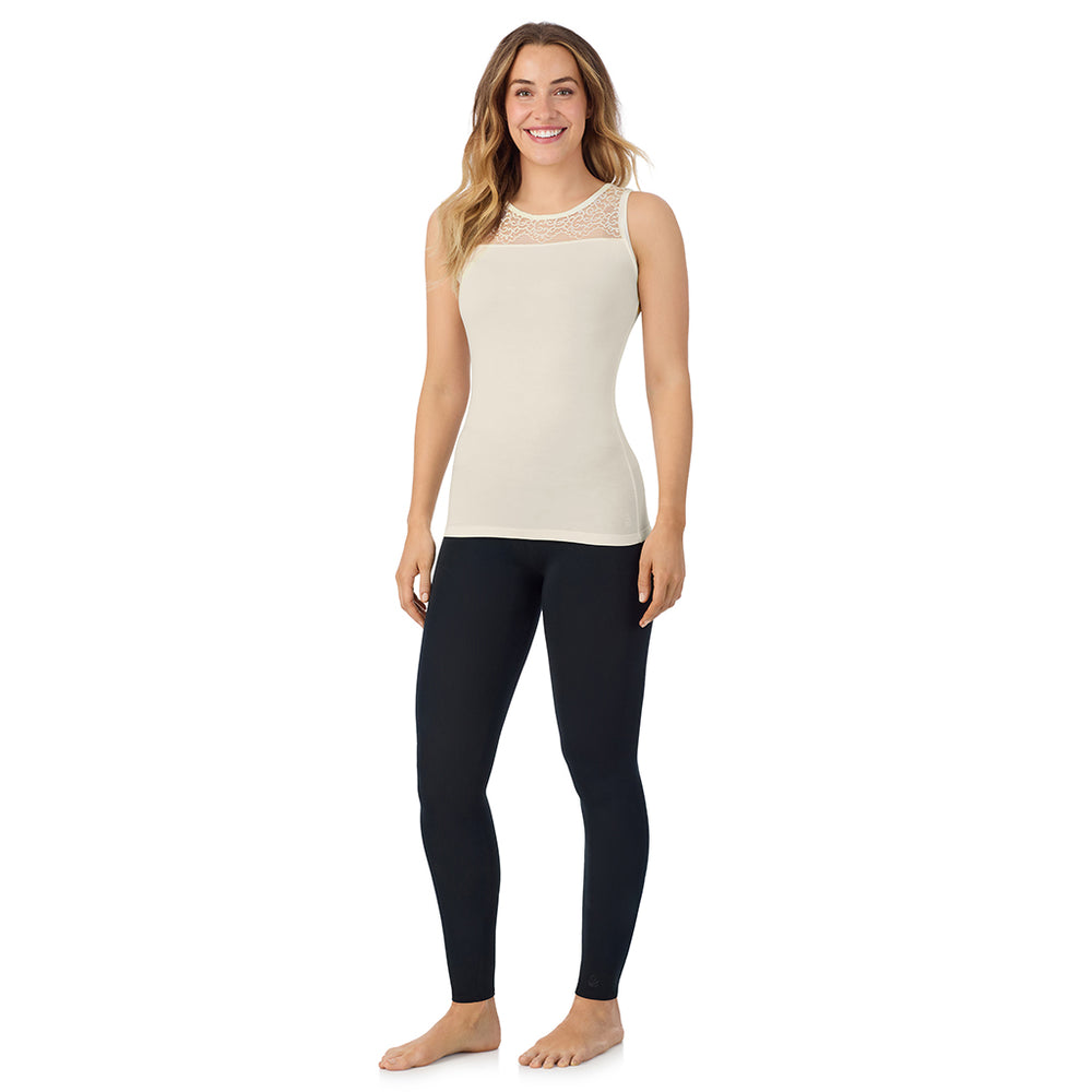 A lady wearing Softwear With Stretch Crew Neck Tank With Lace in Ivory back view back view